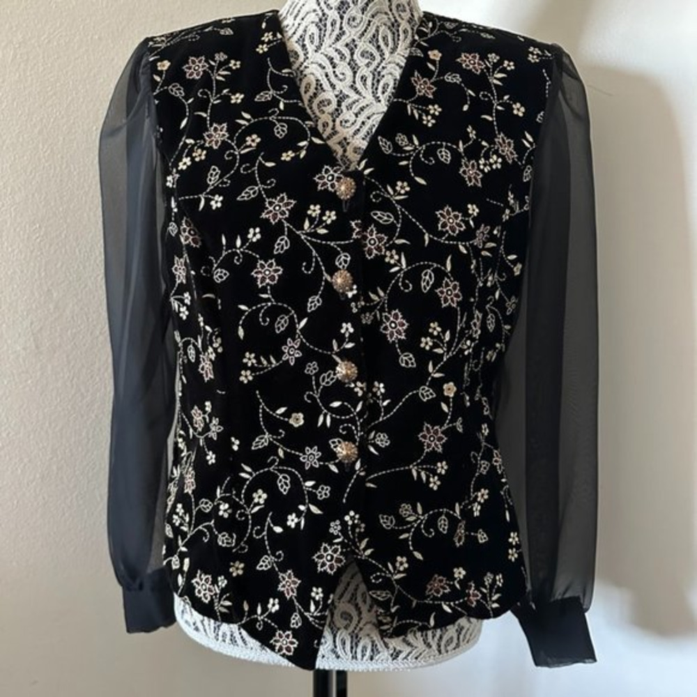 Vintage Sears Women's Another Thyme Black Gold Embroidered Velvet‎ Sheer Sleeve.